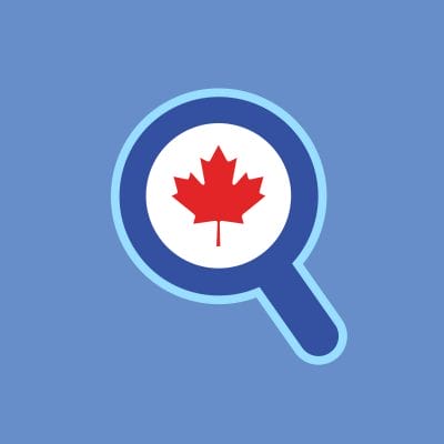 Magnifying glass focusing on a red maple leaf, symbolizing a search or inquiry related to canada, against a blue background.