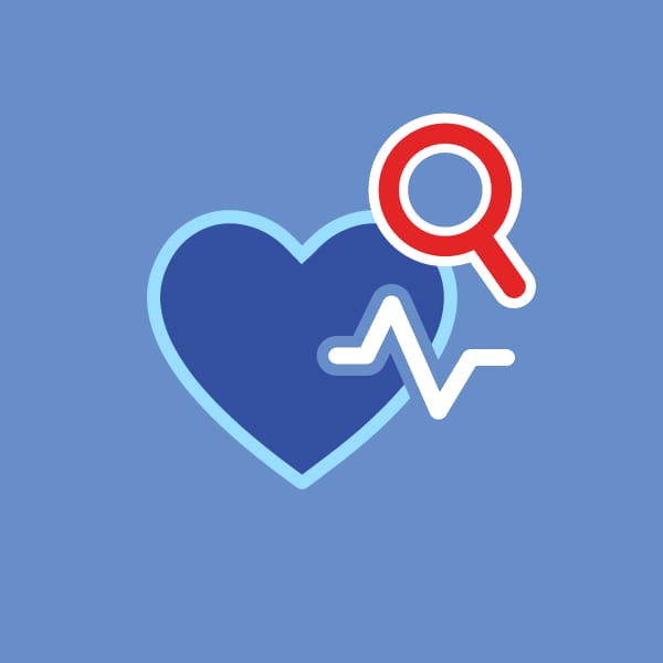 A blue heart icon with a white ecg line and a red magnifying glass overlay, symbolizing health monitoring or medical examination.