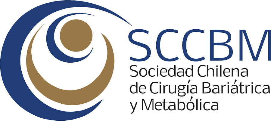 Logo of the sociedad chilena de cirugía bariátrica y metabólica (sccbm), featuring a stylized spiral design in blue and brown on a peach background.
