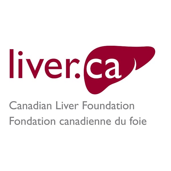 Logo of the canadian liver foundation, featuring a stylized red liver icon next to the text "liver.ca" and the bilingual name of the organization below.