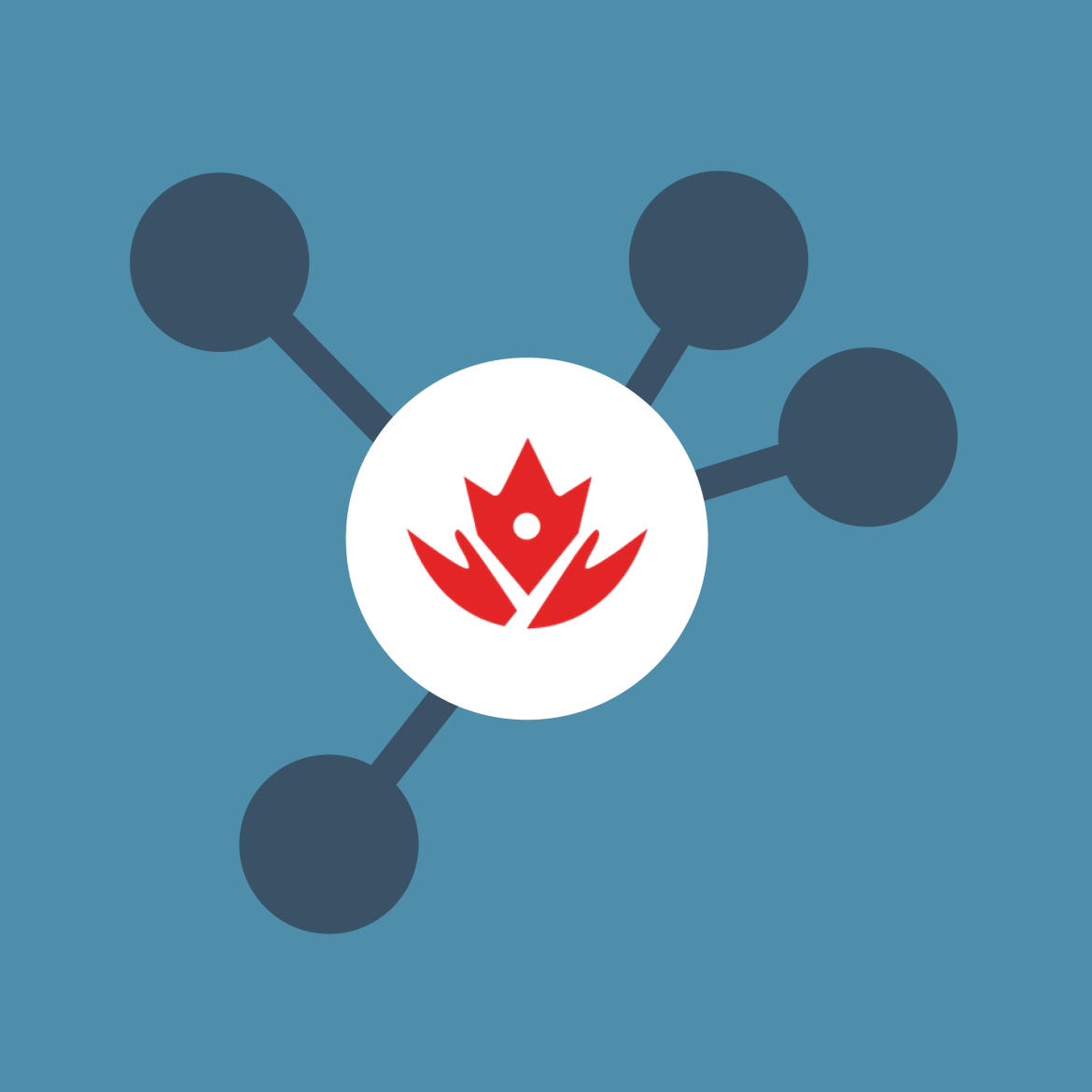 Logo featuring a white circle with a red maple leaf inside, surrounded by four gray circles connected by lines on a blue background.