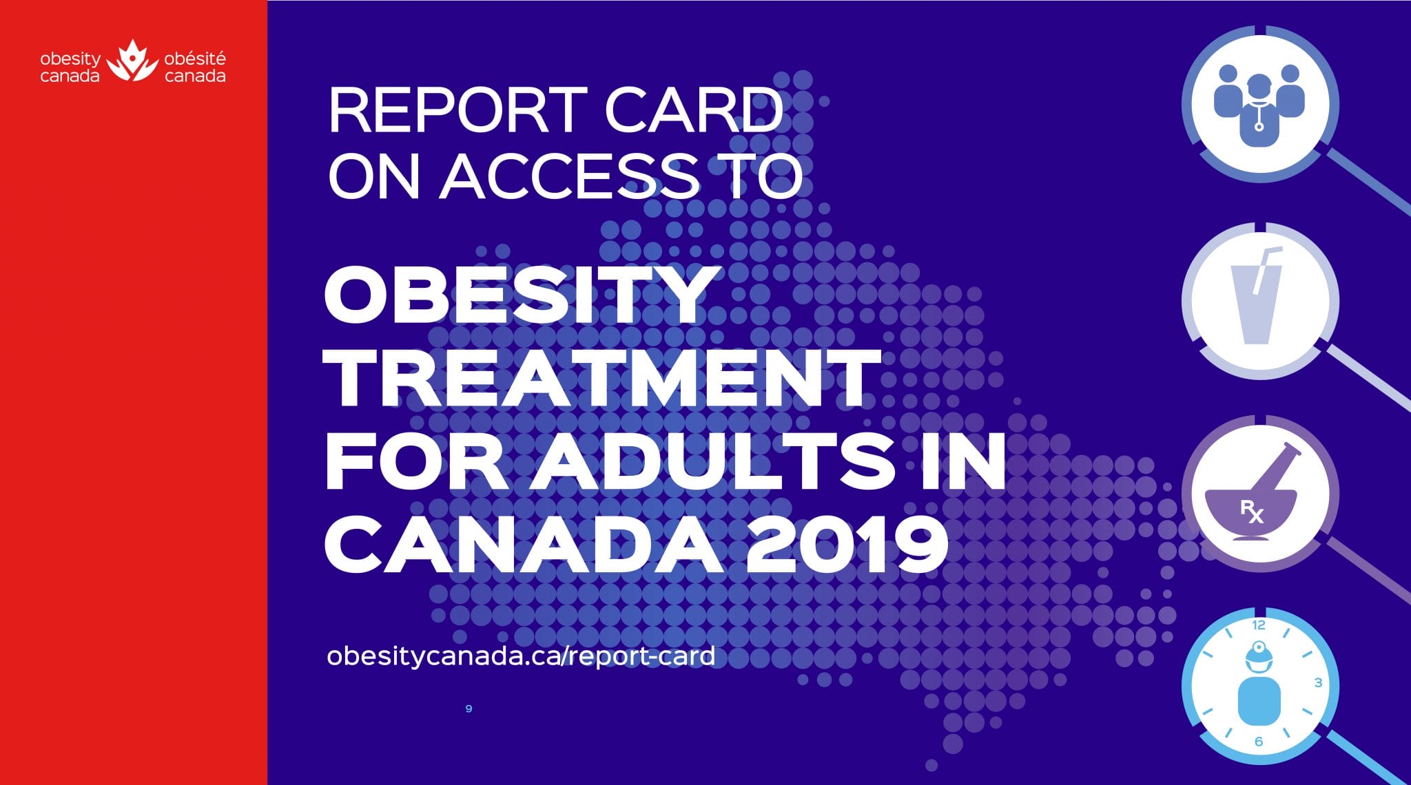 Graphic titled "report card on access to obesity treatment for adults in canada 2019" with symbols of healthcare and a website link.