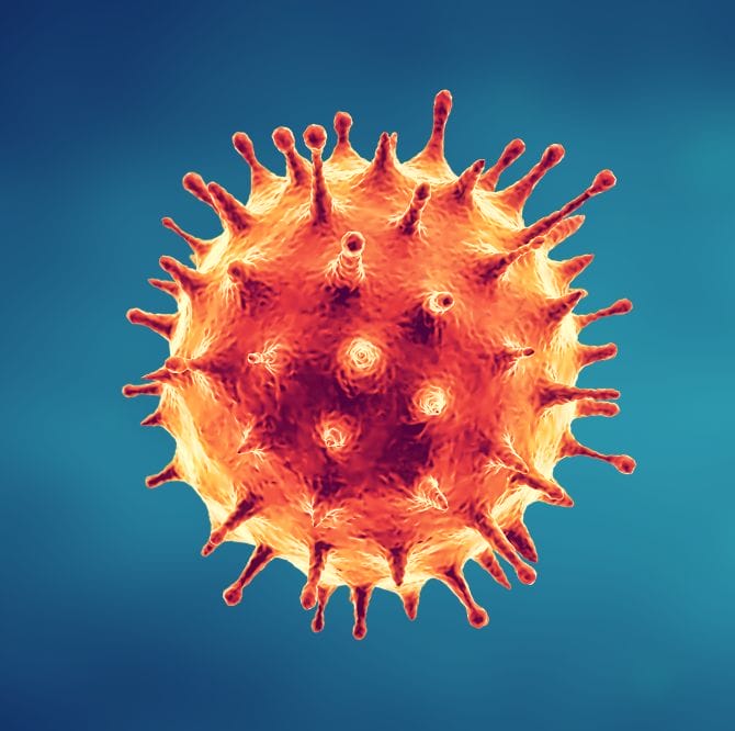 3d illustration of a virus with spike proteins on a blue background, depicted in fiery orange and red colors, suggesting high magnification.