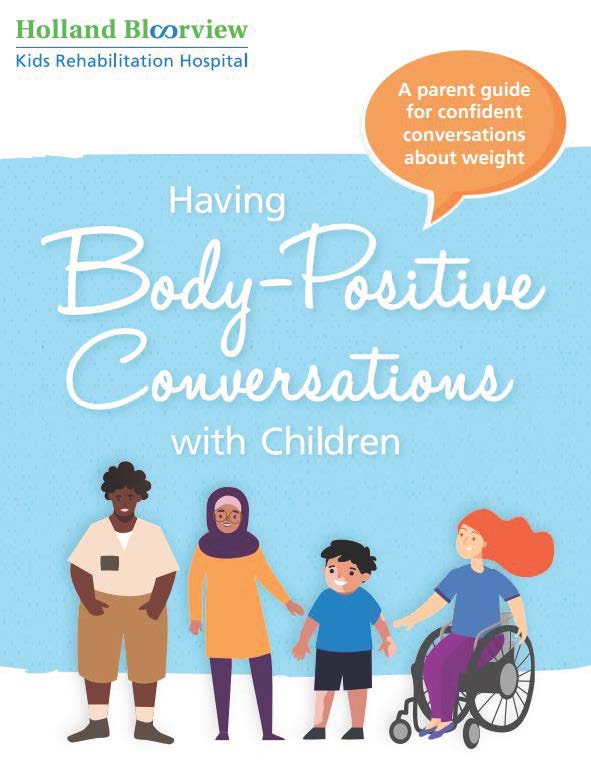Cover of a brochure titled "having body-positive conversations with children," featuring diverse adults and kids, including a person in a wheelchair.