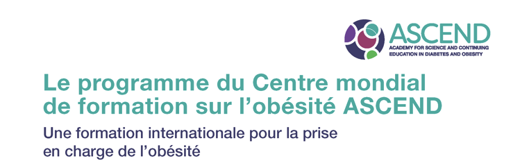 Logo of ascend academy for research and continuing education on the left, with french text about an international obesity management training program.