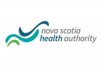 Logo of nova scotia health authority featuring a stylized wave in teal and green above the name in gray lettering.