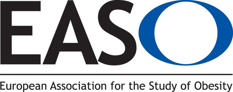 Logo of the european association for the study of obesity (easo), featuring bold black letters and a blue circle.