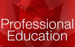 Red background with an abstract design featuring a translucent overlay of a female professional's face wearing glasses, and the text "professional education" in white.