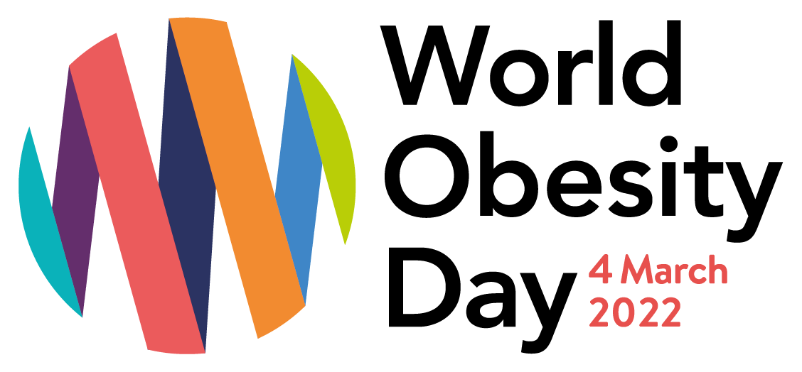 Logo for world obesity day, featuring colorful vertical stripes and text that reads "world obesity day 4 march 2022.