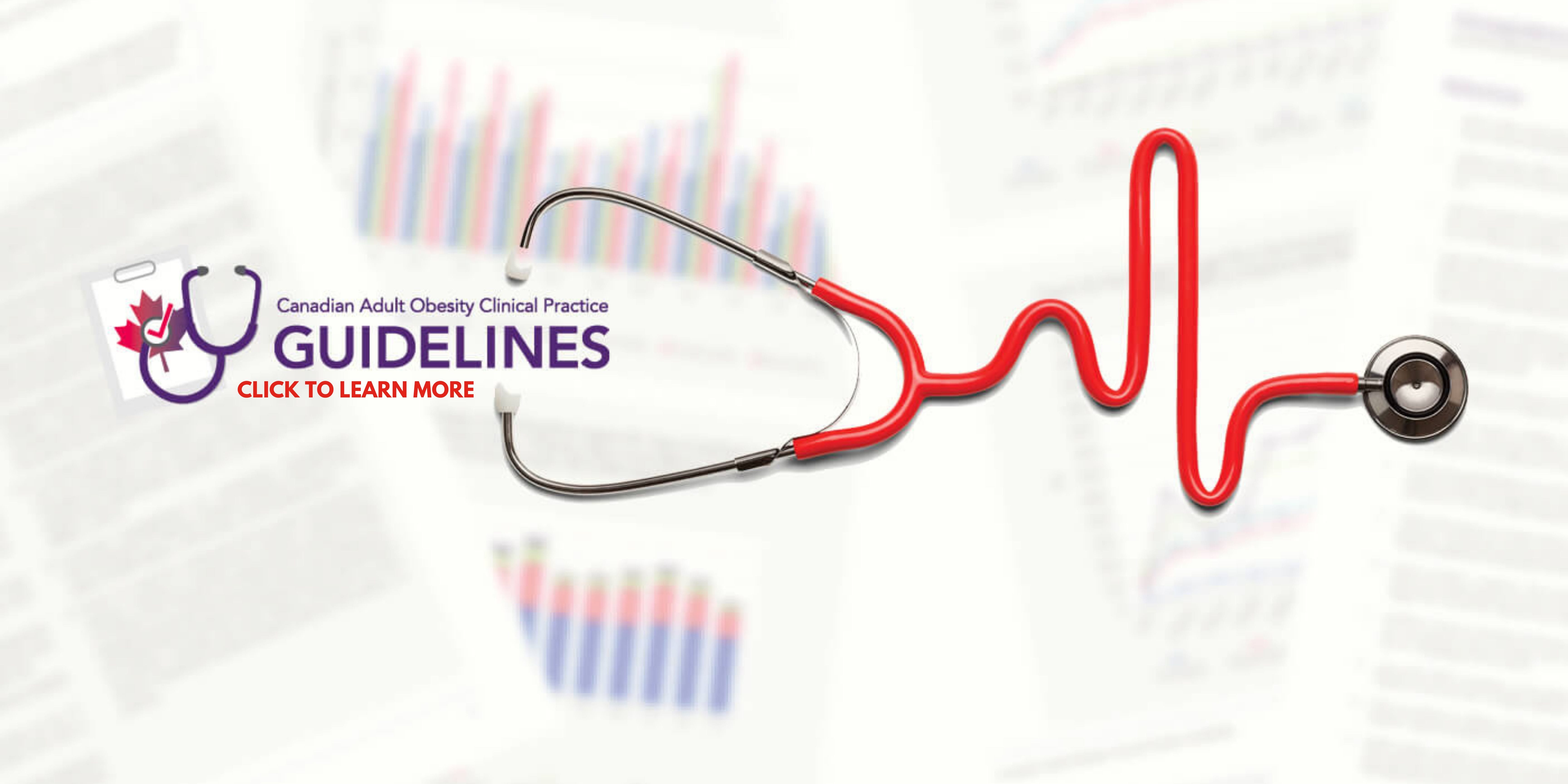 A stethoscope shaped like a heartbeat waveform over a background featuring blurred text and graphs, with a logo for canadian adult obesity clinical practice guidelines.