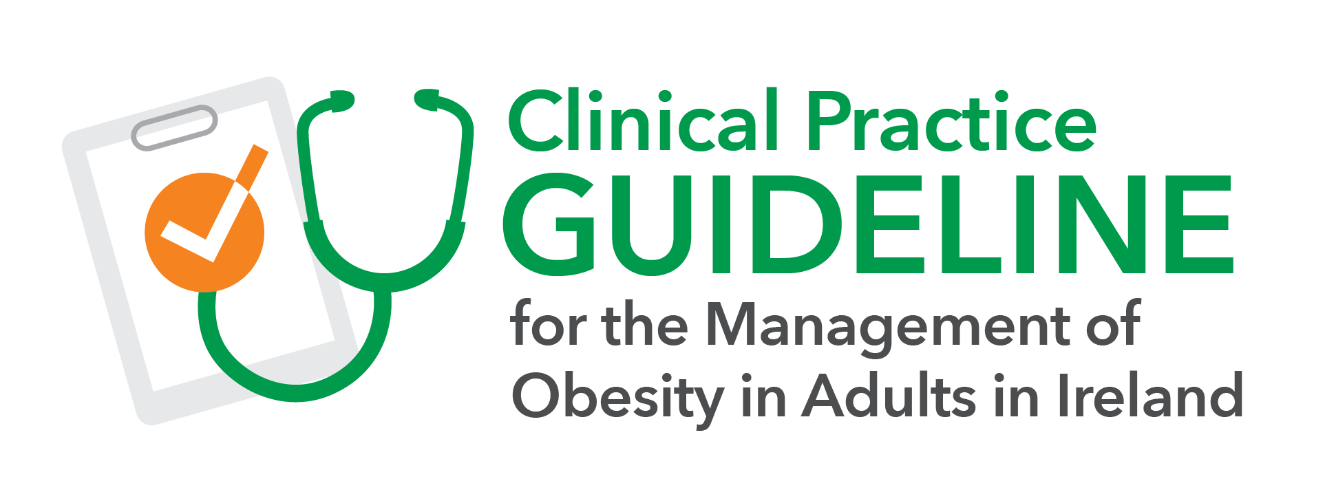 Graphic depicting a stethoscope and clipboard with the text "clinical practice guideline for the management of obesity in adults in ireland.
