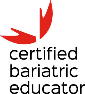 Logo for "certified bariatric educator" featuring red abstract design next to the text.