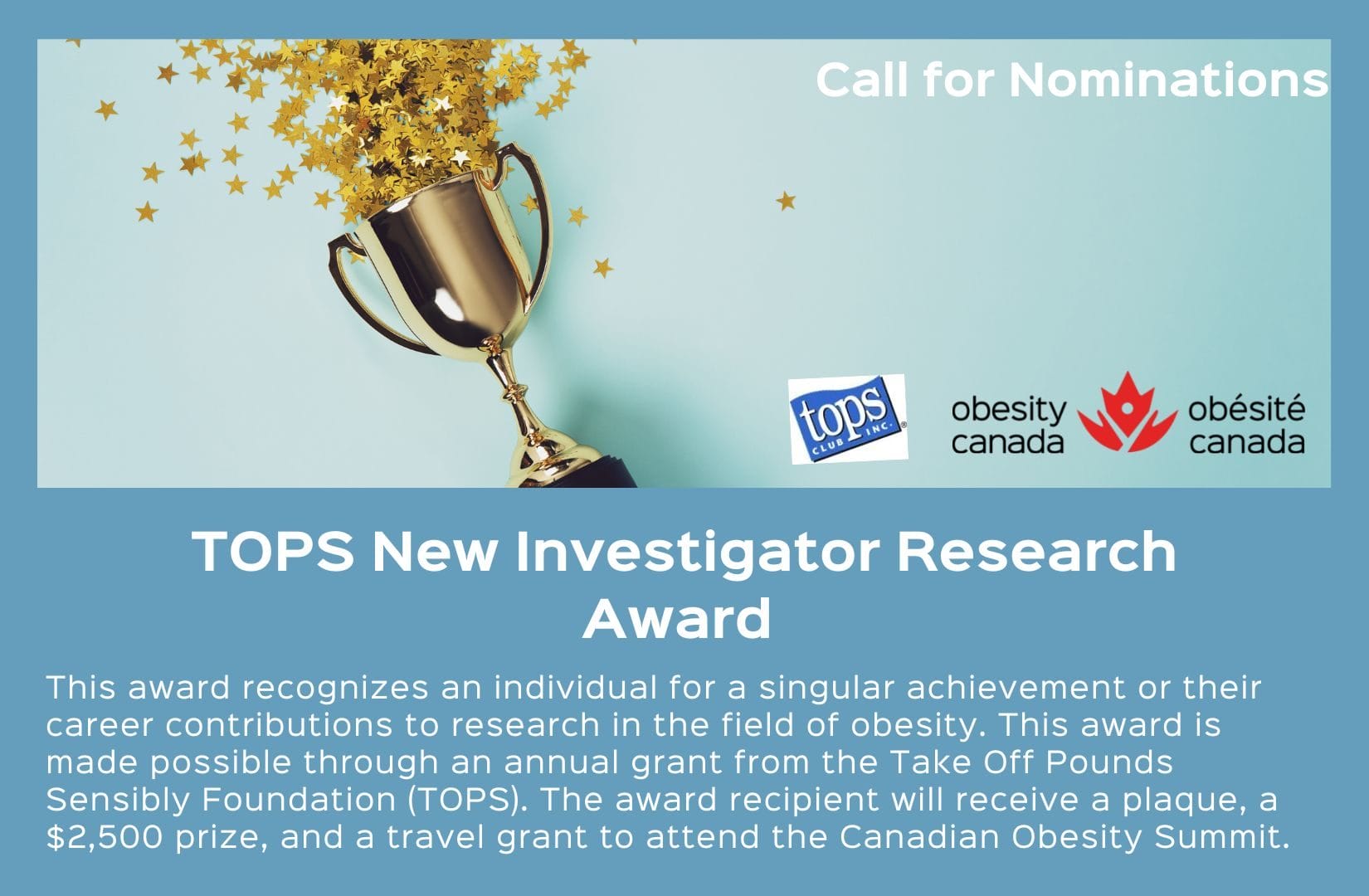 Graphic announcing the "tops new investigator research award" with a gold trophy, stars, and details of the award for contributions in obesity research.