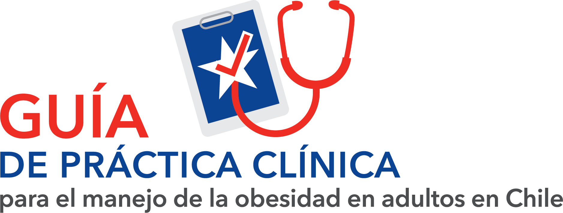 Logo reading "guía de práctica clínica para el manejo de la obesidad en adultos en chile" with an image of a smartphone and stethoscope.