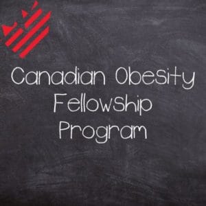Logo of the canadian obesity fellowship program featuring stylized red elements, written in white chalk on a blackboard.