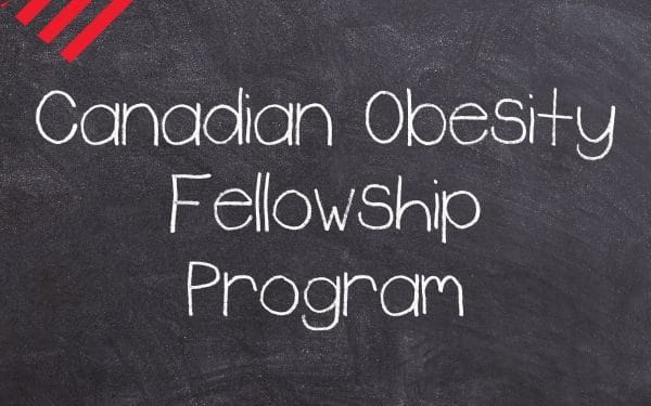 Logo of the canadian obesity fellowship program featuring stylized red elements, written in white chalk on a blackboard.
