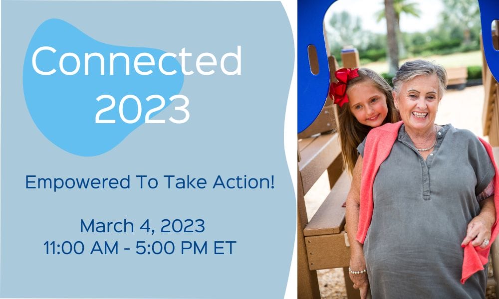 Promotional image for "connected 2023" event, featuring a smiling young girl and an older woman standing together outdoors, event details on the left.