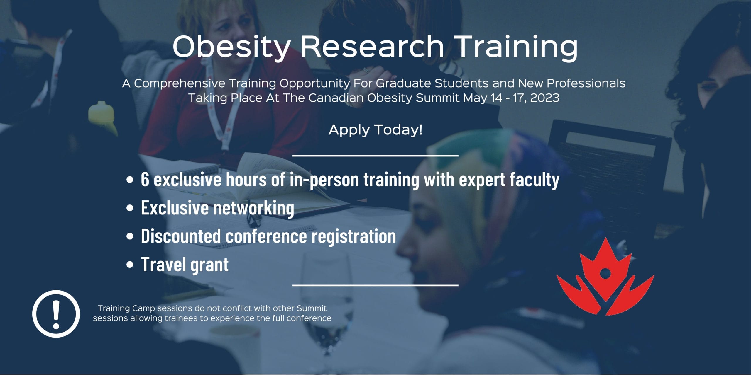 Promotional poster for obesity research training seminar showing a group of professionals in a meeting, with text highlights about training features and dates.