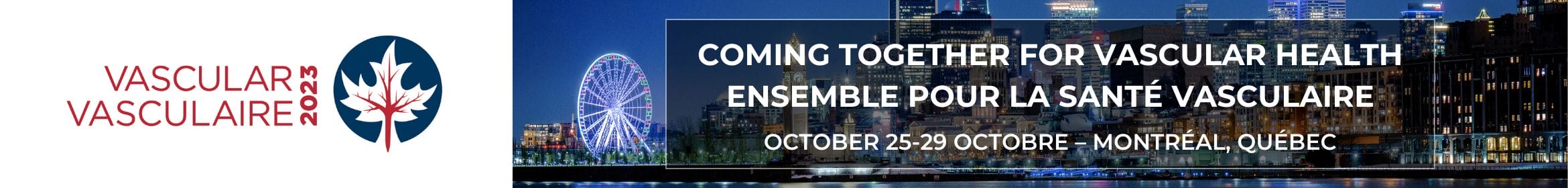Banner for a vascular health conference in montreal, quebec, from october 29 to october 30, featuring city skyline and ferris wheel at night.