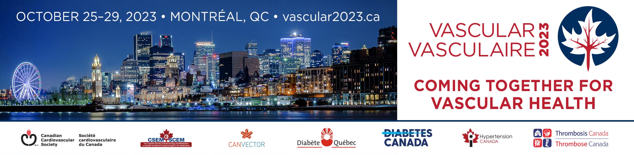 Banner for the vascular 2023 conference in montreal, showcasing the city skyline at night with event dates and sponsor logos.