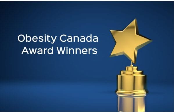 Golden trophy with a star on top against a blue background, labeled "obesity canada award winners.