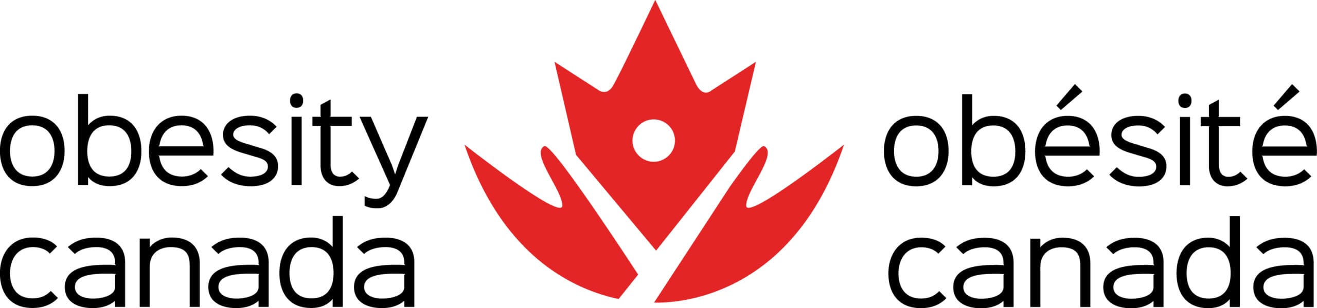 Logo of obesity canada featuring the word "obesity" in english and "obésité" in french with a stylized red maple leaf and human figure above the text.