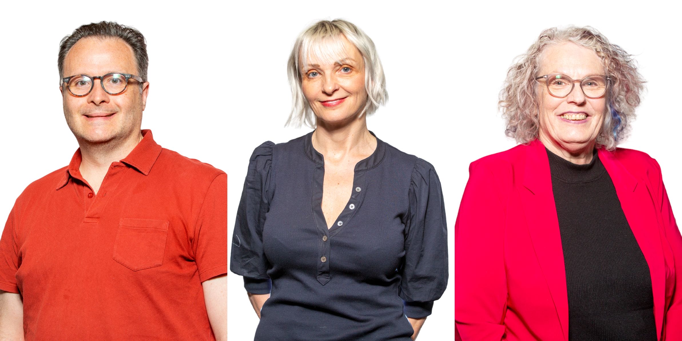 Three people standing side by side against a white background, each smiling at the camera, dressed in colorful tops.