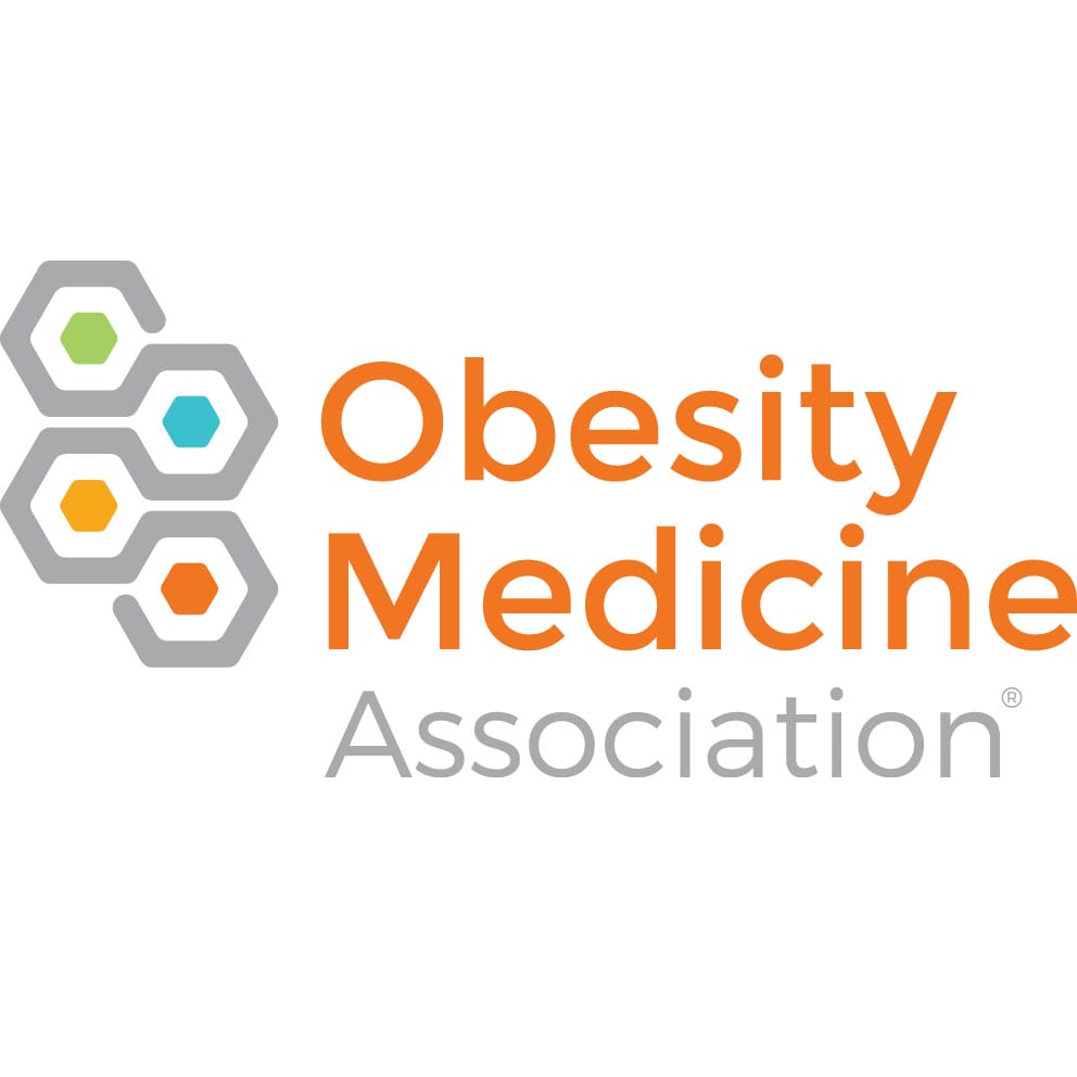 Logo of the obesity medicine association featuring stylized hexagonal shapes in various colors next to the association's name in orange and gray text.