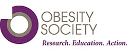 Logo of the obesity society featuring a stylized purple circle with the text "obesity society" and the motto "research. education. action." in gray and purple.