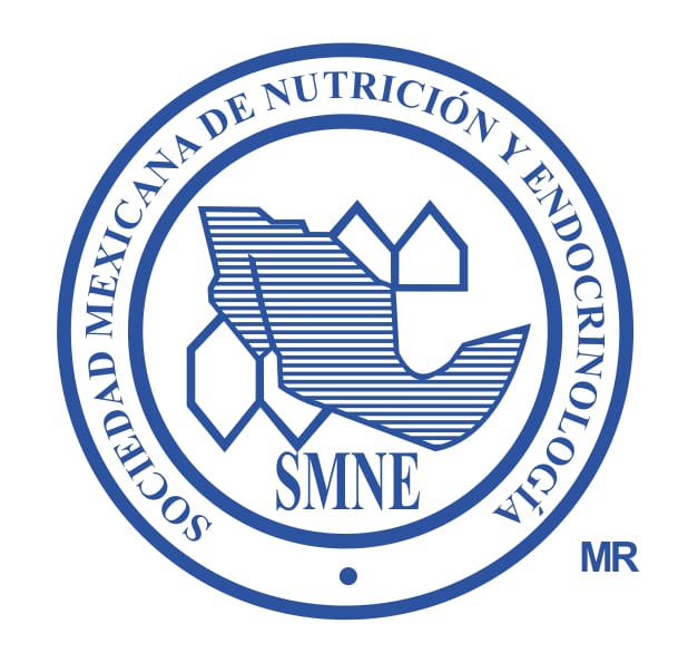 Logo of the mexican society of nutrition and endocrinology featuring a blue circular seal with abstract figures and text.