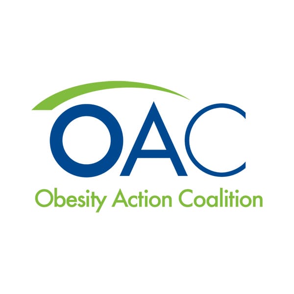 Logo of the obesity action coalition, featuring the acronym 'oac' in blue letters with a green swoosh above it.