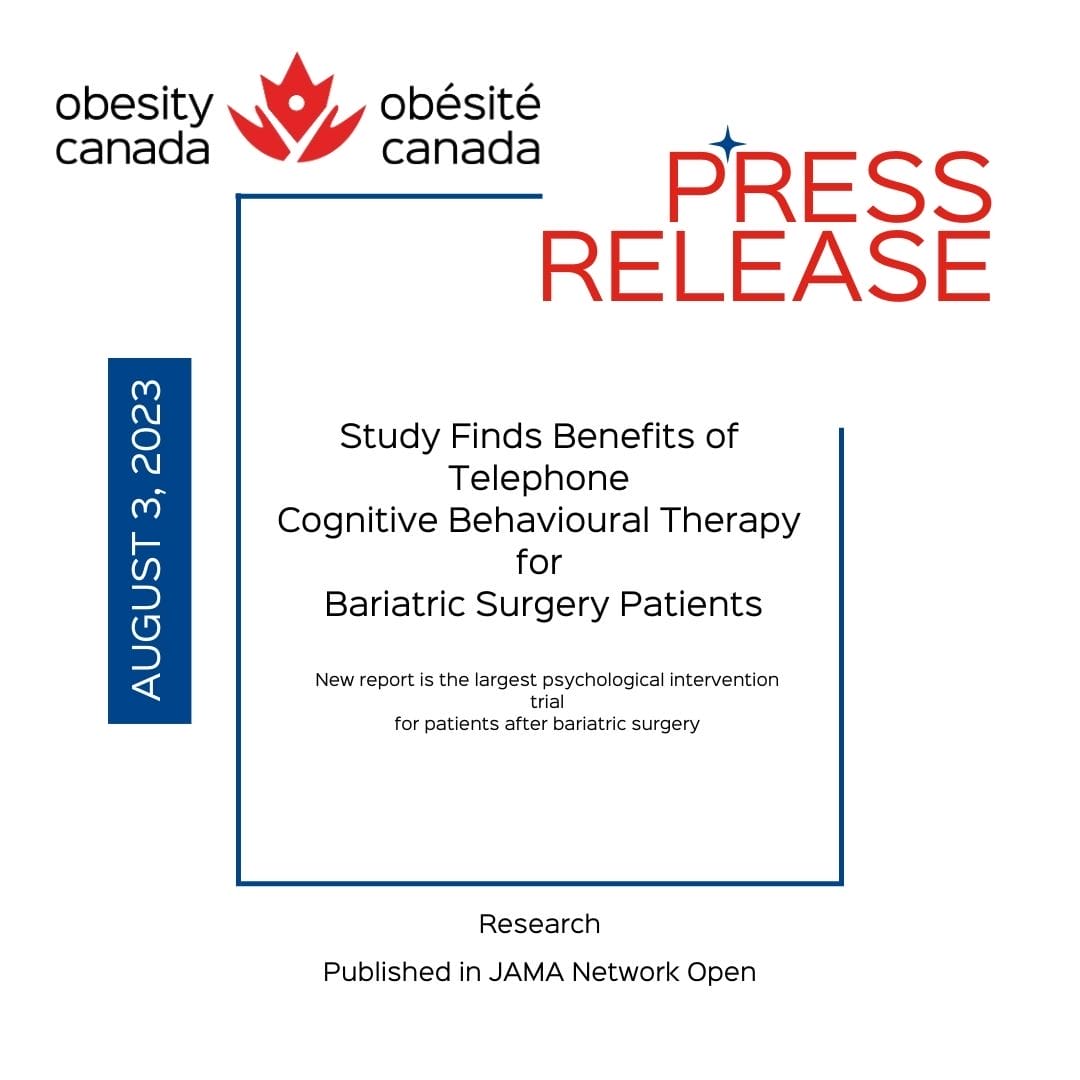 Press release graphic from obesity canada about a study on benefits of cognitive behavioral therapy for bariatric surgery patients, published in jama network, dated august 13, 2023.