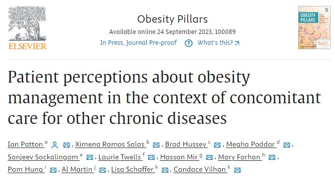 Webpage header showing an article titled "patient perceptions about obesity management in the context of concomitant care for other chronic diseases" with multiple author names listed.