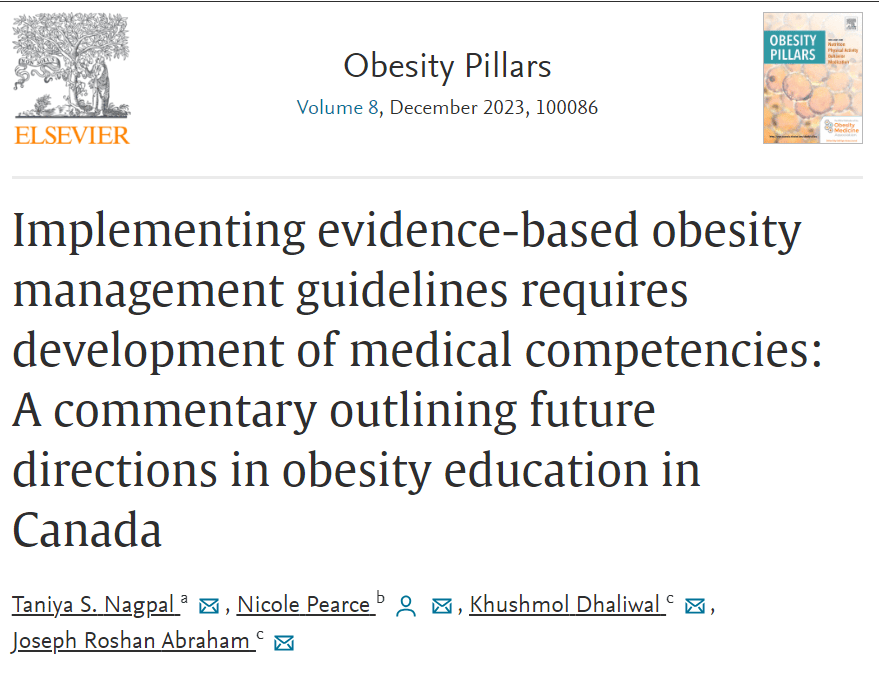 Screenshot of a scholarly article titled "implementing evidence-based obesity management guidelines requires development of medical competencies: a commentary outlining future directions in canada" from the "obesity pillars" journal.