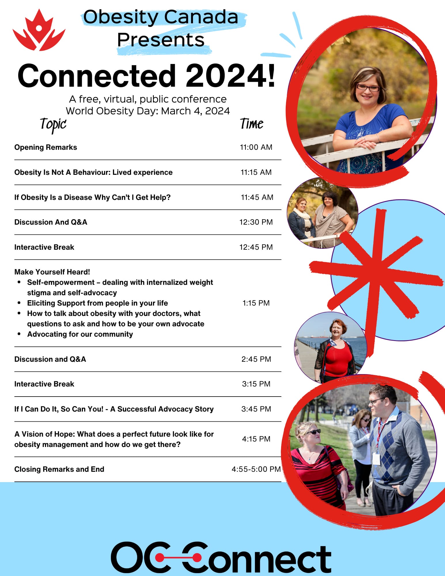A conference poster for "obesity canada 2024" listing event schedule and topics, with a circled photo of a featured speaker at the top right.