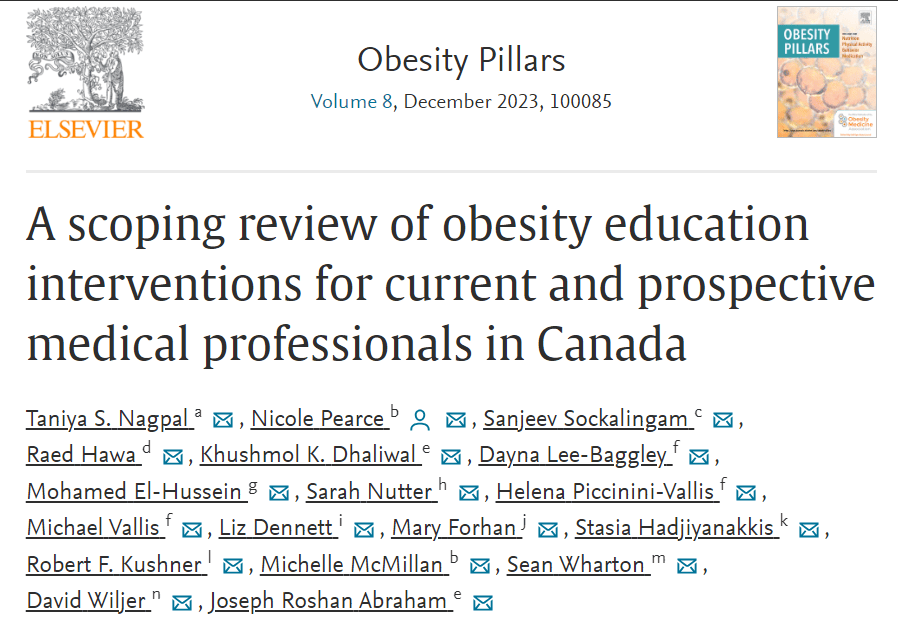 Screenshot of an academic journal article titled "a scoping review of obesity education interventions for current and future medical professionals in canada" from elsevier's "obesity pillars.