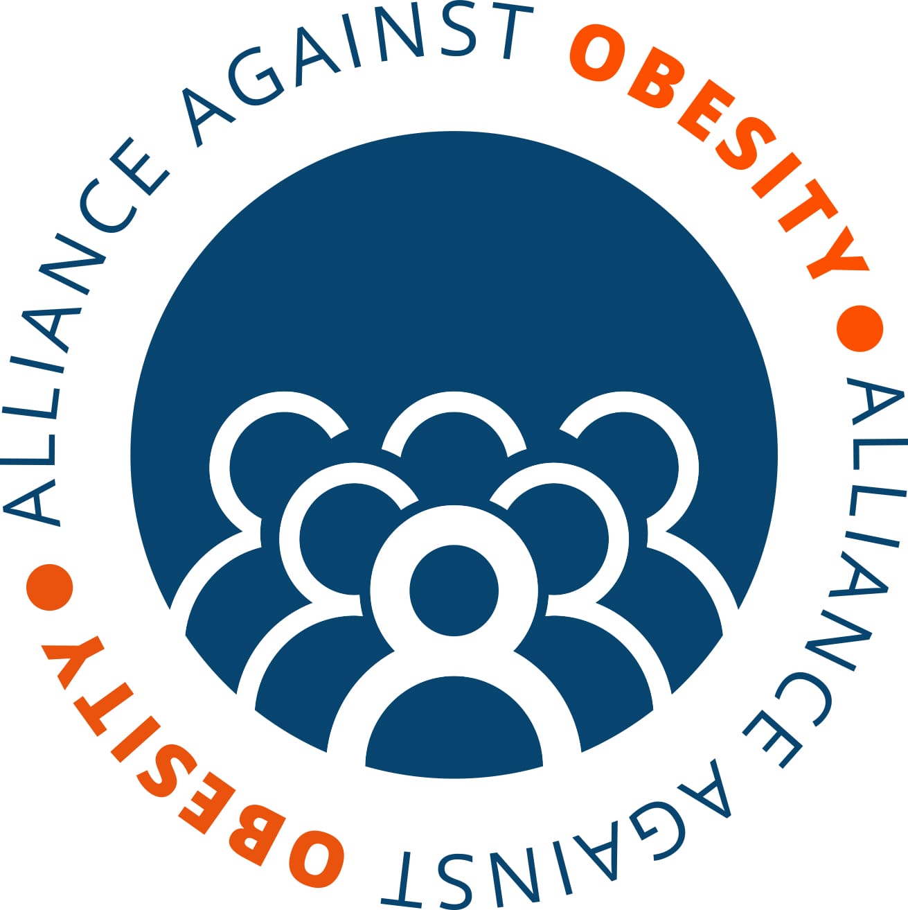 Logo of the alliance against obesity, featuring a stylized group of people in a circle, with the organization’s name around the edge in blue and orange colors.