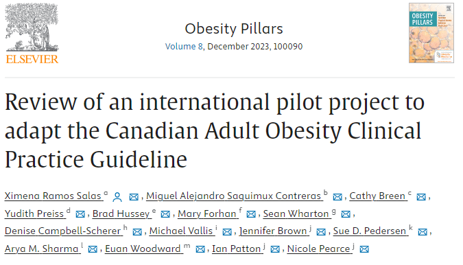 Web page header for an article titled "review of an international pilot project to adapt the canadian adult obesity clinical practice guideline," published in "obesity pillars" journal by elsevier.
