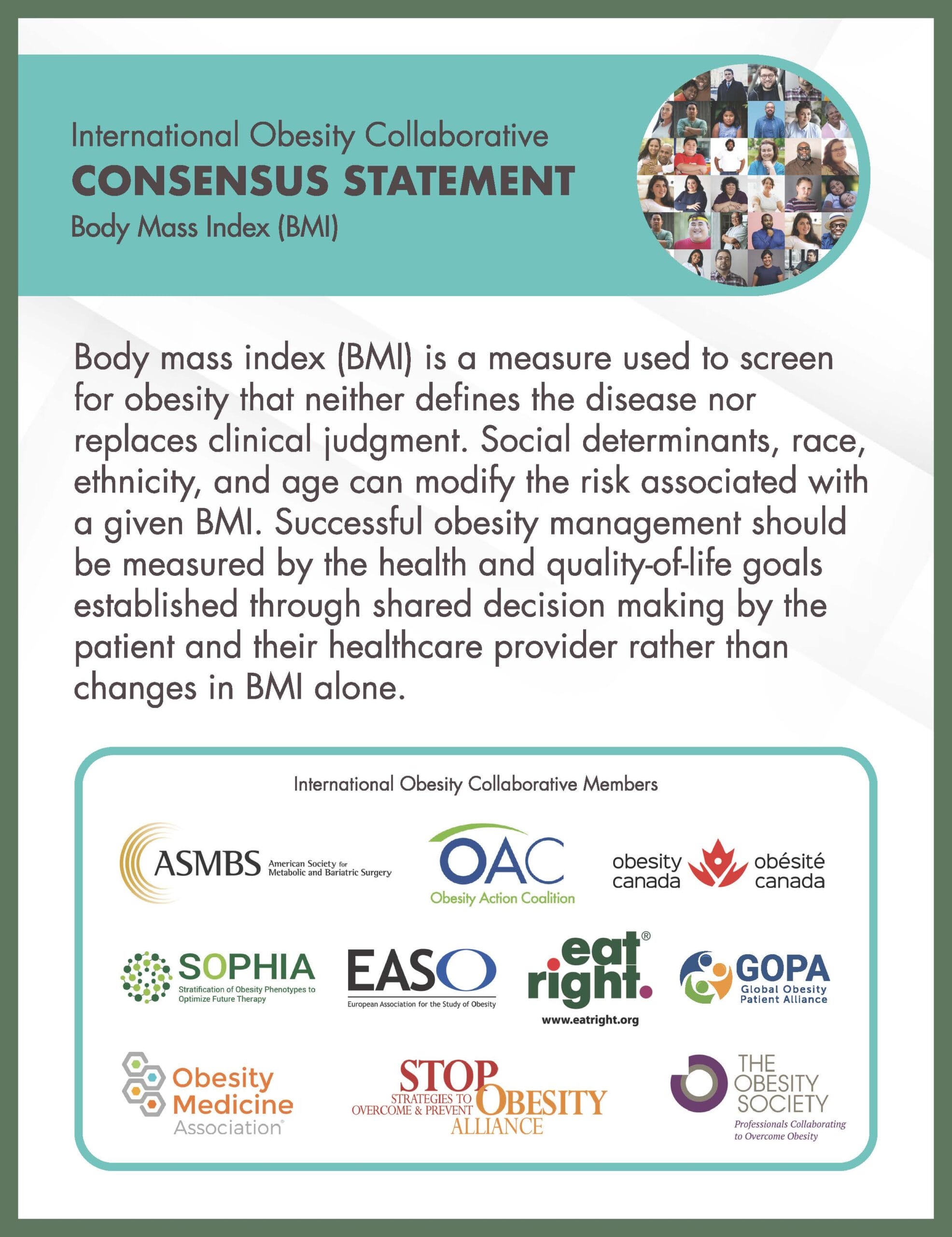 Infographic by international obesity collaborative explaining bmi as a health measure, influenced by factors like race and ethnicity, surrounded by logos of supporting organizations.