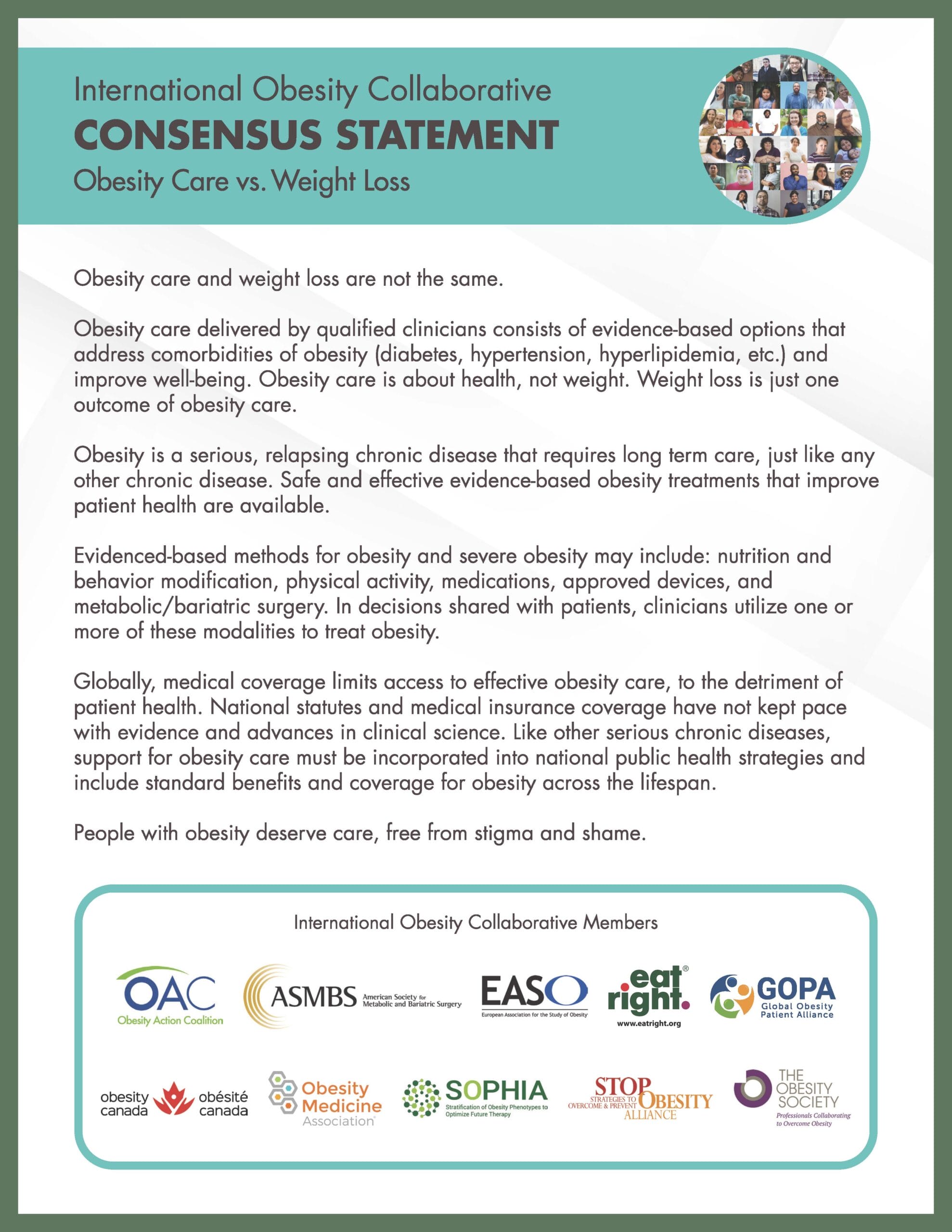 An informative poster by the international obesity collaborative highlighting evidence-based, long-term obesity care strategies and treatments.