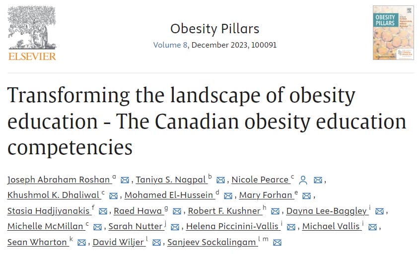 Webpage header from elsevier showing an article titled "transforming the landscape of obesity education - the canadian obesity education competencies" with a list of authors and a journal cover.