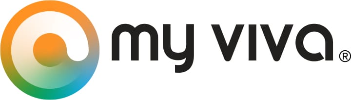 Logo of "my viva" featuring a colorful circle gradient on the left and bold black text on the right.