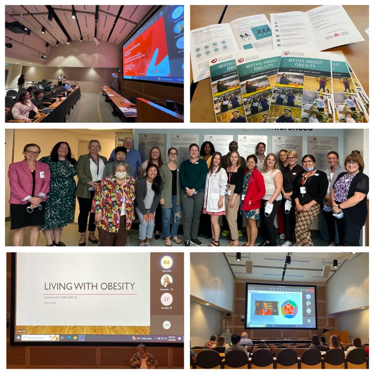 Collage of a professional event, featuring audience in a lecture hall, printed materials on a table, a group of attendees posing for a photo, and a presentation slide titled "living with obesity.