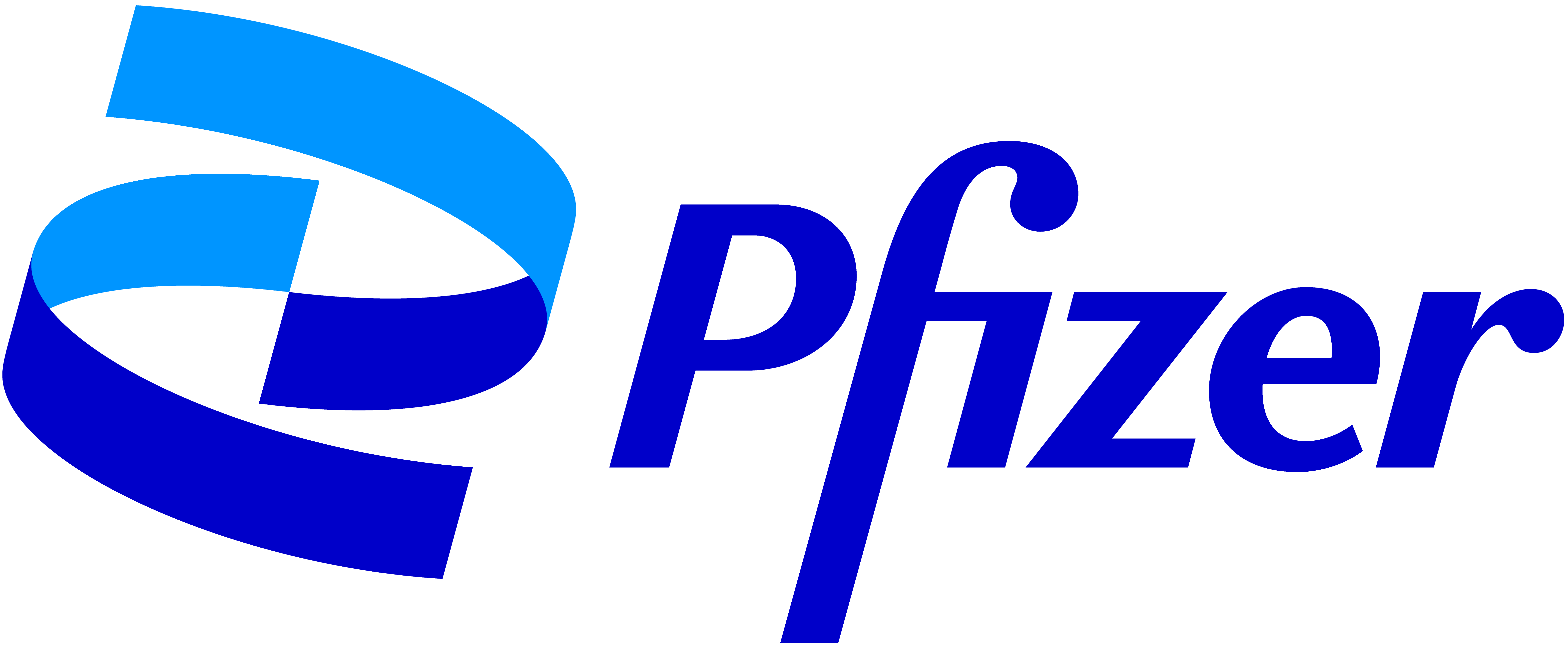 Pfizer logo featuring a blue double helix design above the brand name in capitalized blue letters on a black background.