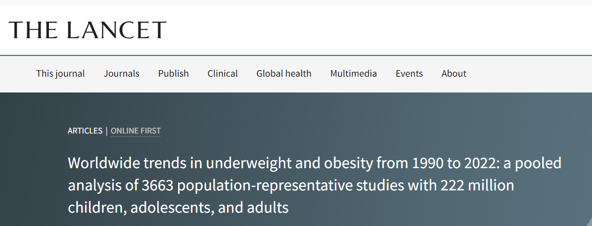 Screenshot of the lancet webpage featuring an article titled "worldwide trends in underweight and obesity from 1990 to 2022: a pooled analysis of 363 population-representative studies with 222 million children.