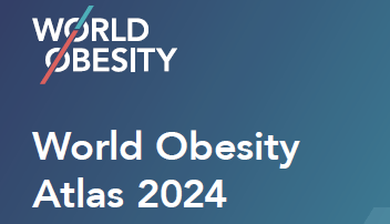 Logo of world obesity with the text "world obesity atlas 2024" on a gradient blue background.