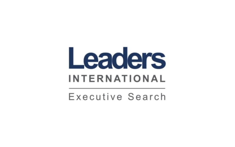 Logo of leaders international, featuring the text "leaders international executive search" in blue font on a white background.