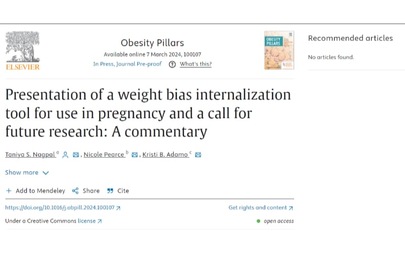 Webpage screenshot displaying an academic article titled "presentation of a weight bias internalization tool for use in pregnancy and a call for research: a commentary" by elsevier.