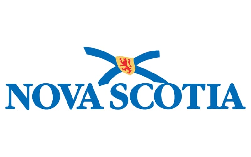 Logo of nova scotia featuring stylized blue text with a blue ribbon and the province's shield centered above the text.