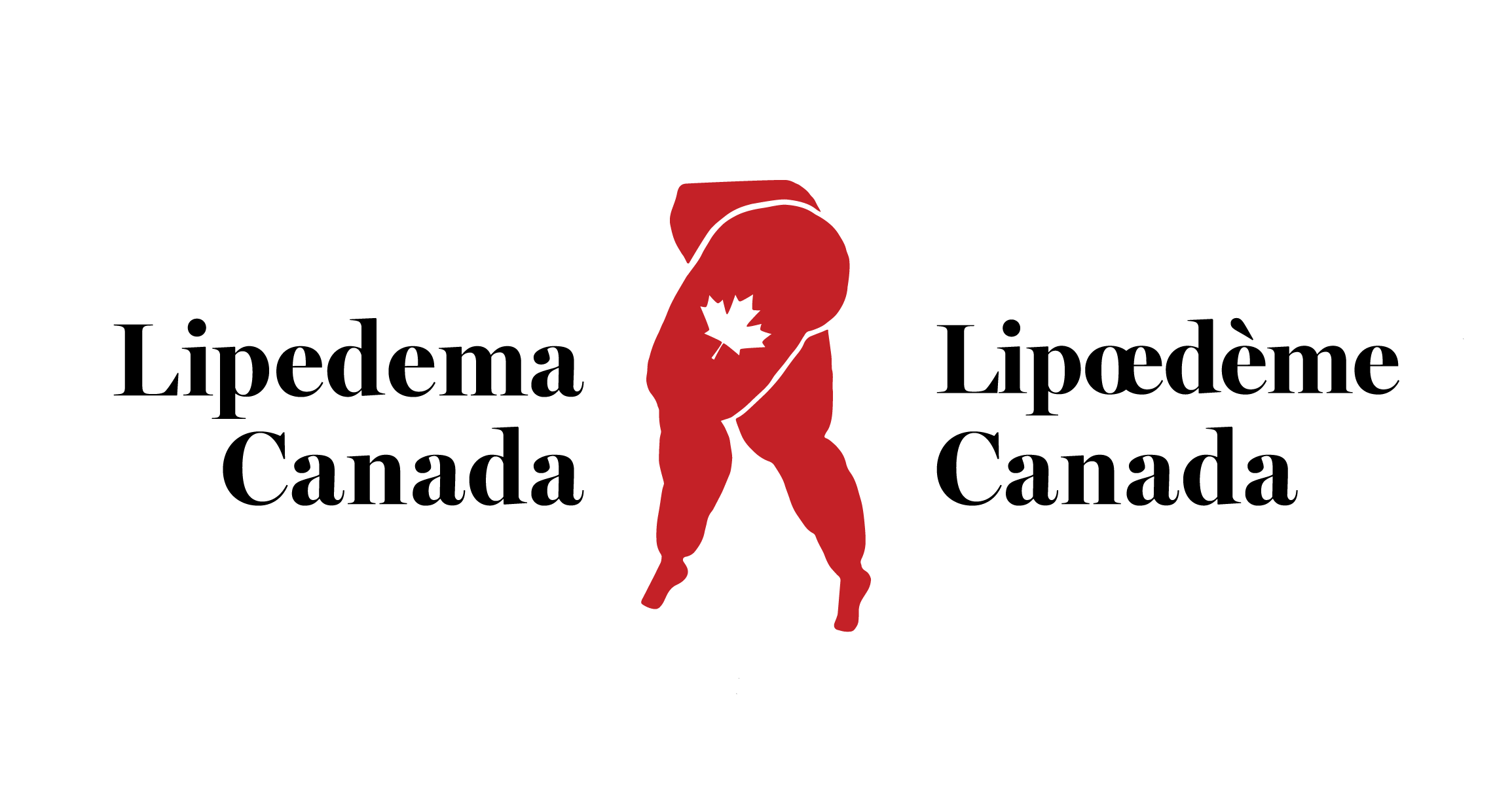 Logo for Lipedema Canada with the organization's name in English and French, featuring red legs with a white maple leaf in the background.